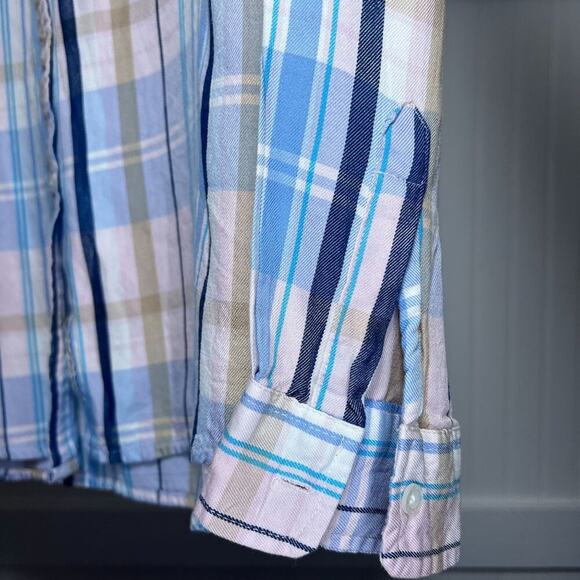 Hampton Republic 27 Plaid Button Down Shirt Blue Pink Tan Long Sleeve Blouse - Picture 8 of 10